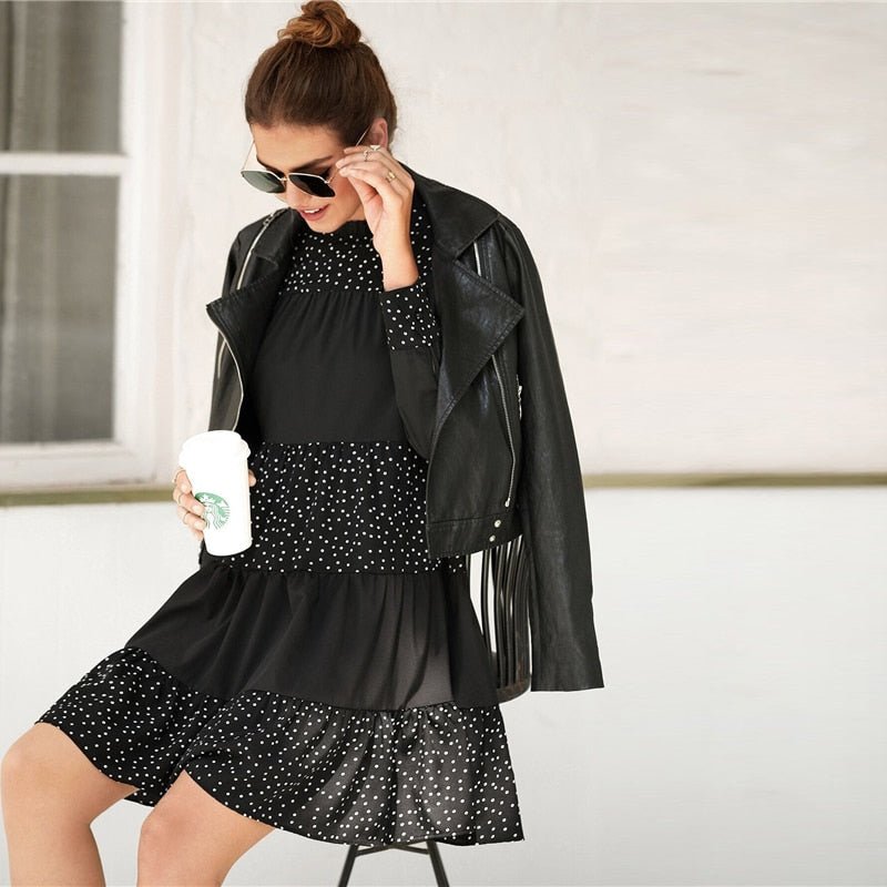 Black Contrast Polka Dot Frill Mock Neck Babydoll Dress Women Spring Long Sleeve Casual Flared Smocked Short Dresses