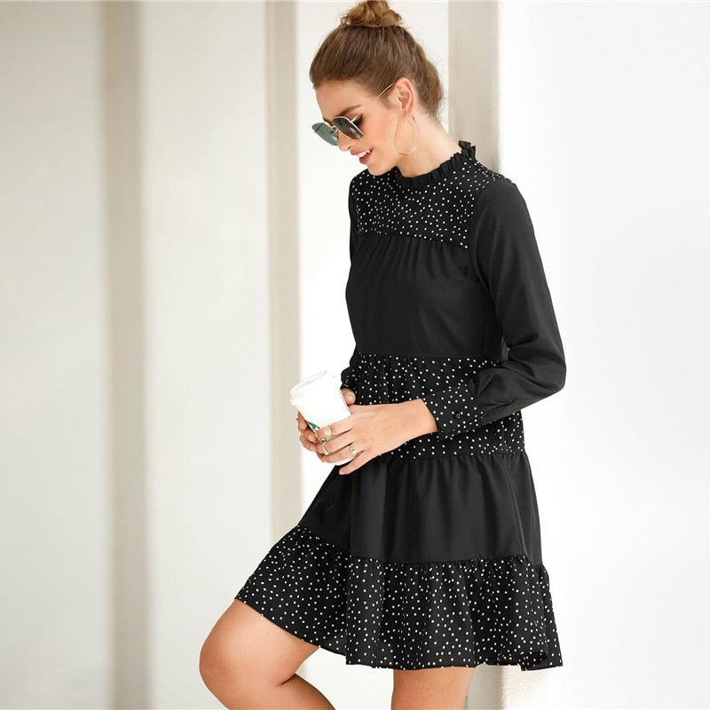 Black Contrast Polka Dot Frill Mock Neck Babydoll Dress Women Spring Long Sleeve Casual Flared Smocked Short Dresses