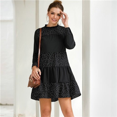 Black Contrast Polka Dot Frill Mock Neck Babydoll Dress Women Spring Long Sleeve Casual Flared Smocked Short Dresses