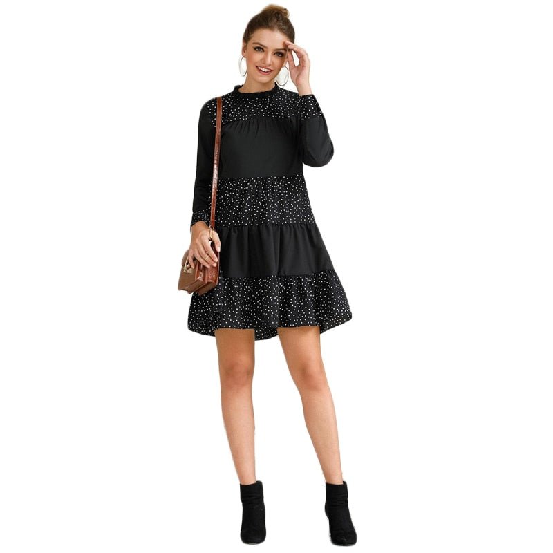 Black Contrast Polka Dot Frill Mock Neck Babydoll Dress Women Spring Long Sleeve Casual Flared Smocked Short Dresses