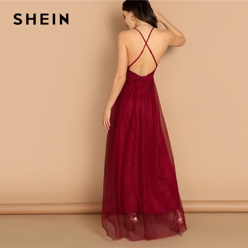 Burgundy Plunging Neck Crisscross Back Cami Dress Maxi Plain Sexy Night Out Dress Autumn Modern Lady Women Party Dresses