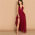 Burgundy Plunging Neck Crisscross Back Cami Dress Maxi Plain Sexy Night Out Dress Autumn Modern Lady Women Party Dresses