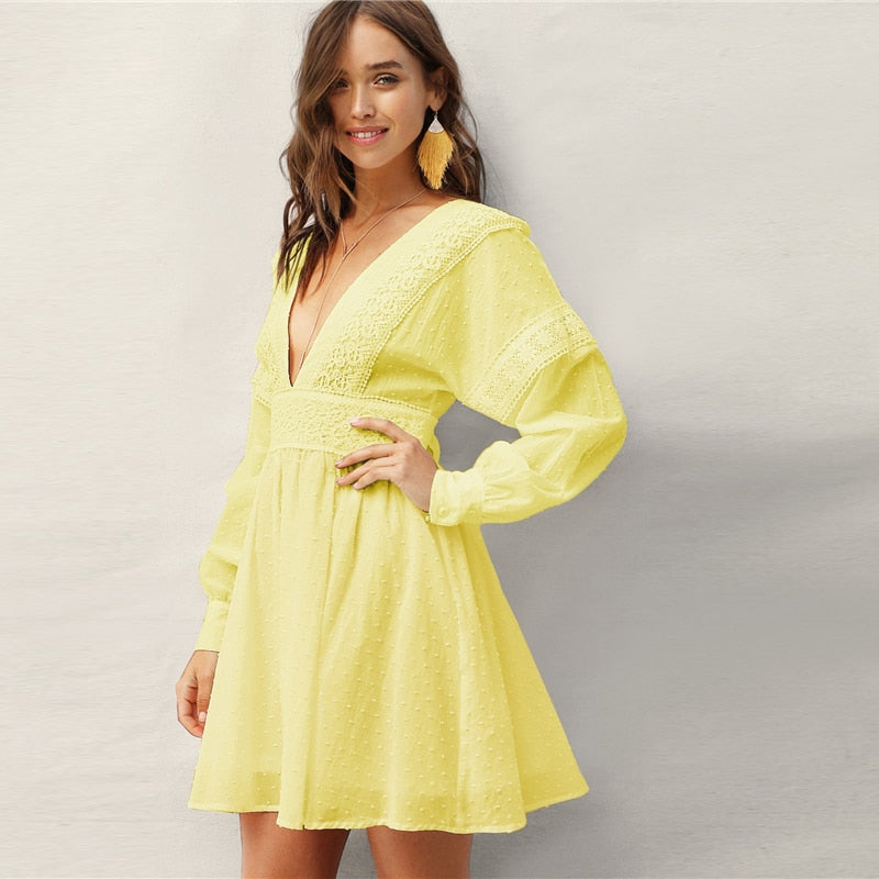 Lady Sexy Guipure Lace Dot Jacquard Knot Backless Deep V Neck Mini Dress Women Spring Boho Fit and Flare Midi Dress