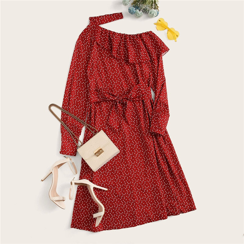 Polka Dot Print Ruffle Trim Cut Out Neck Sexy Dress Women Clothes Spring Glamorous Long Sleeve Belted Midi Dress