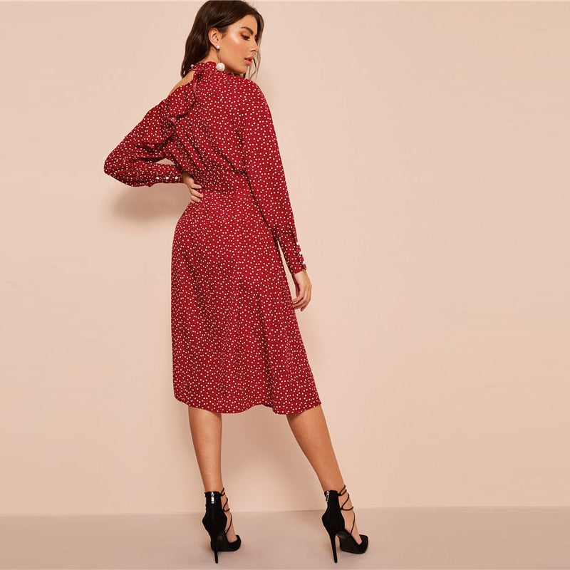 Polka Dot Print Ruffle Trim Cut Out Neck Sexy Dress Women Clothes Spring Glamorous Long Sleeve Belted Midi Dress
