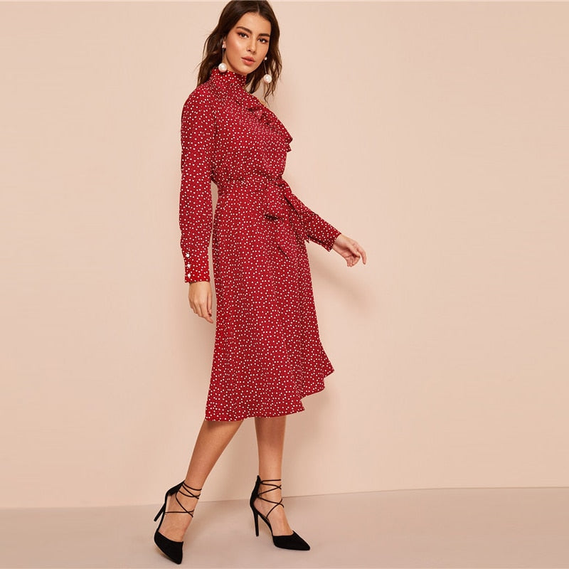 Polka Dot Print Ruffle Trim Cut Out Neck Sexy Dress Women Clothes Spring Glamorous Long Sleeve Belted Midi Dress