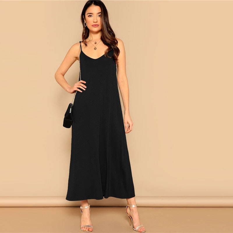 Pocket Patched Swing Cami Summer Dress Women Clothes Solid Casual Sleeveless Straight Maxi Dress Ladies Black Dress