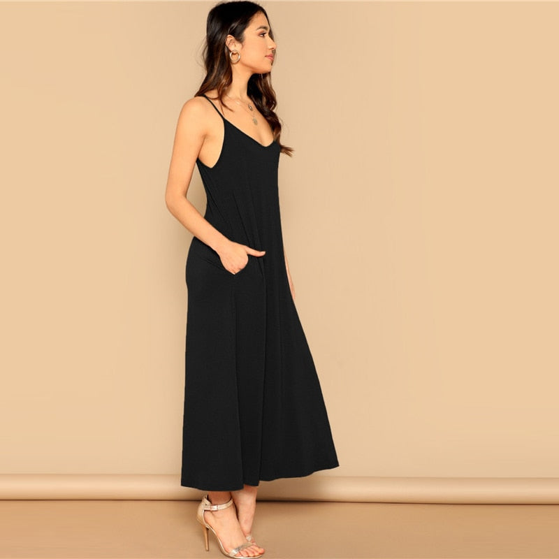Pocket Patched Swing Cami Summer Dress Women Clothes Solid Casual Sleeveless Straight Maxi Dress Ladies Black Dress