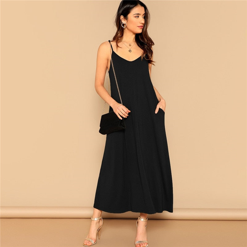 Pocket Patched Swing Cami Summer Dress Women Clothes Solid Casual Sleeveless Straight Maxi Dress Ladies Black Dress