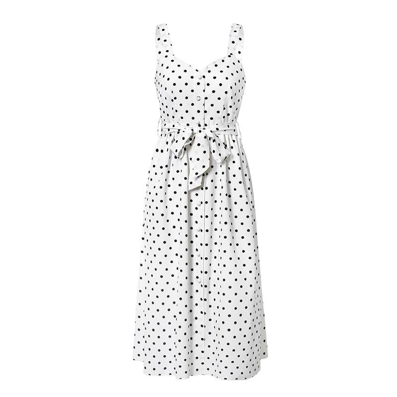 Simplee Polka dot women dress Sleeveless buttons belt bodycon beach midi dress Streetwear casual beach wear holiday summer dress