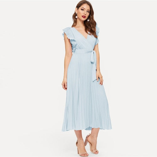 Soild Ruffle Trim Wrap Knot Summer Dress With Belt Women Clothes A Line High Waist Maxi Dress Ladies Pleated Dresses