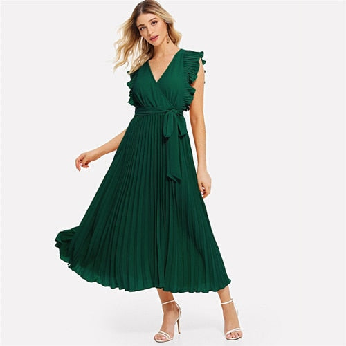Soild Ruffle Trim Wrap Knot Summer Dress With Belt Women Clothes A Line High Waist Maxi Dress Ladies Pleated Dresses