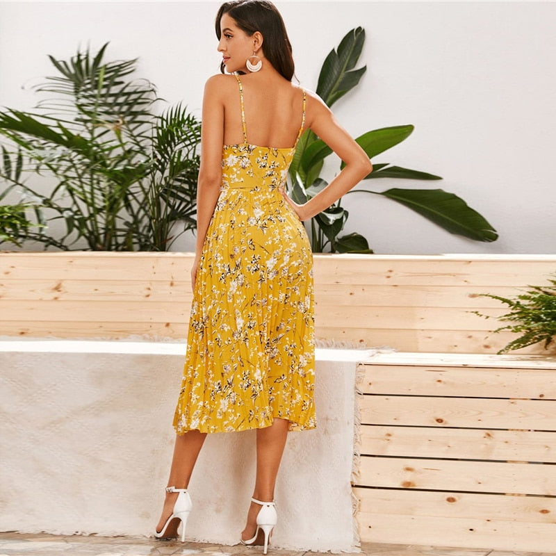 Yellow Surplice Neck Pleated Floral Cami Dress Women Summer Sleeveless High Waist Boho Wrap Long Dresses