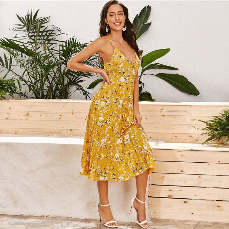 Yellow Surplice Neck Pleated Floral Cami Dress Women Summer Sleeveless High Waist Boho Wrap Long Dresses