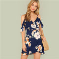 Multicolor Vacation Backless Boho Bohemian Beach Flounce Cold Shoulder Floral Print Dress Summer Women Casual Dress