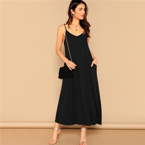 Pocket Patched Swing Cami Summer Dress Women Clothes Solid Casual Sleeveless Straight Maxi Dress Ladies Black Dress
