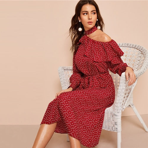 Polka Dot Print Ruffle Trim Cut Out Neck Sexy Dress Women Clothes Spring Glamorous Long Sleeve Belted Midi Dress
