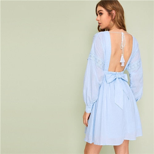 Lady Sexy Guipure Lace Dot Jacquard Knot Backless Deep V Neck Mini Dress Women Spring Boho Fit and Flare Midi Dress