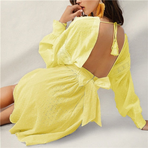 Lady Sexy Guipure Lace Dot Jacquard Knot Backless Deep V Neck Mini Dress Women Spring Boho Fit and Flare Midi Dress