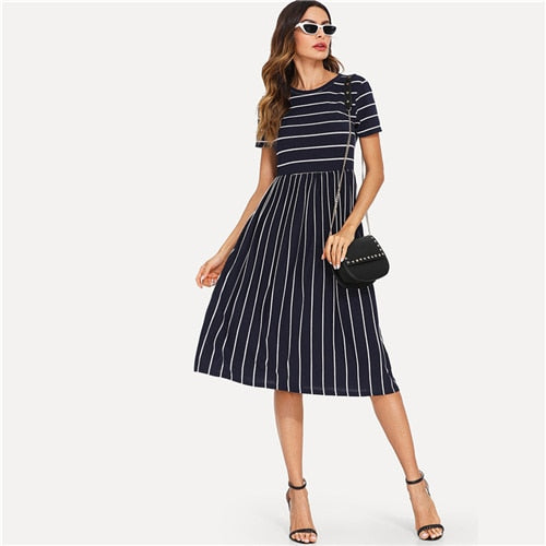 Navy Elegant Round Neck Short Sleeve Mixed Stripe Natural Waist Smock Dress Summer Women Weekend Casual Dresses