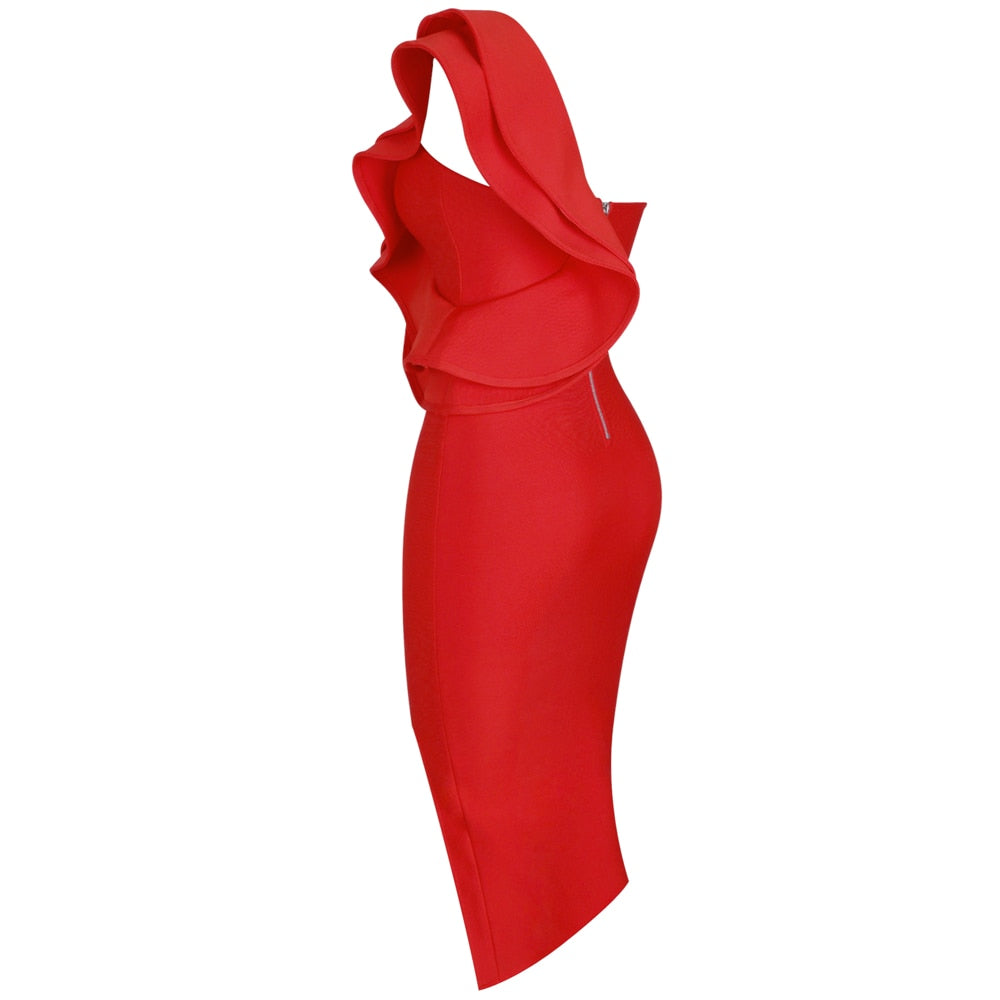 Women One Shoulder Bandage Dress Elegant Ruffles Red Bandage Dress Sexy Party Night Club Dress