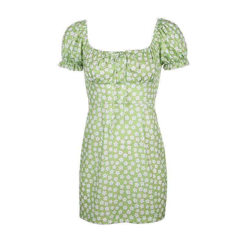 Floral Casual Dress Women Green Slim Elegant Club Mini Floral Dress Ruched Bow Off Shoulder Summer Dresses Casual Retro