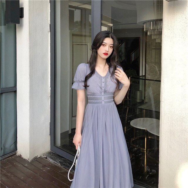Long work dress Short Puff Sleeve A-line Women Dress Summer Slim Korean Style Mesh Elegant Vintage Mesh Dress