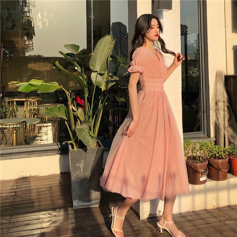 Long work dress Short Puff Sleeve A-line Women Dress Summer Slim Korean Style Mesh Elegant Vintage Mesh Dress