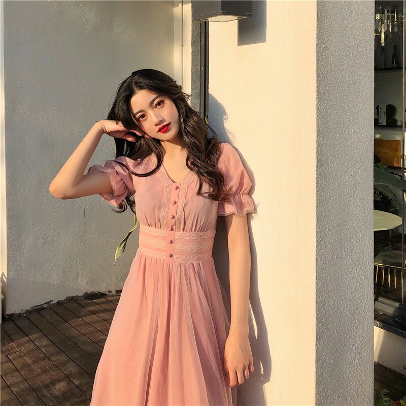 Long work dress Short Puff Sleeve A-line Women Dress Summer Slim Korean Style Mesh Elegant Vintage Mesh Dress