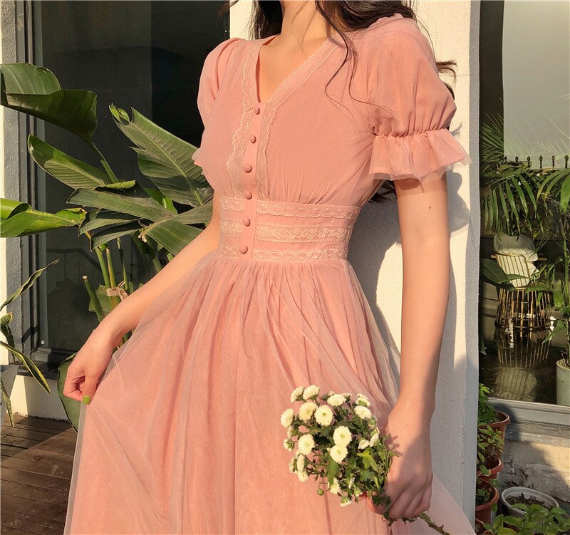 Long work dress Short Puff Sleeve A-line Women Dress Summer Slim Korean Style Mesh Elegant Vintage Mesh Dress