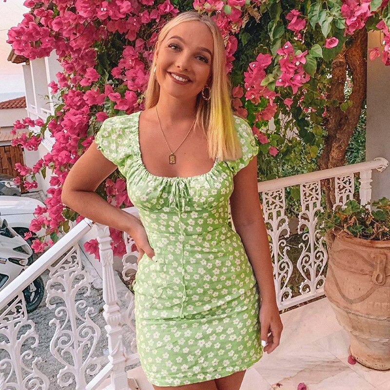 Floral Casual Dress Women Green Slim Elegant Club Mini Floral Dress Ruched Bow Off Shoulder Summer Dresses Casual Retro