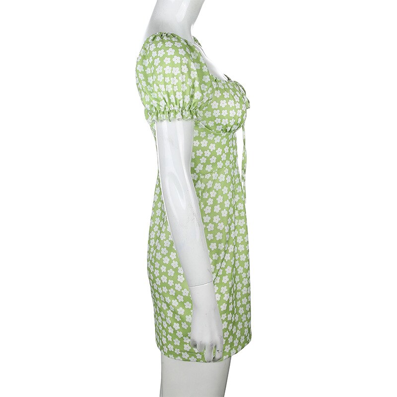 Floral Casual Dress Women Green Slim Elegant Club Mini Floral Dress Ruched Bow Off Shoulder Summer Dresses Casual Retro
