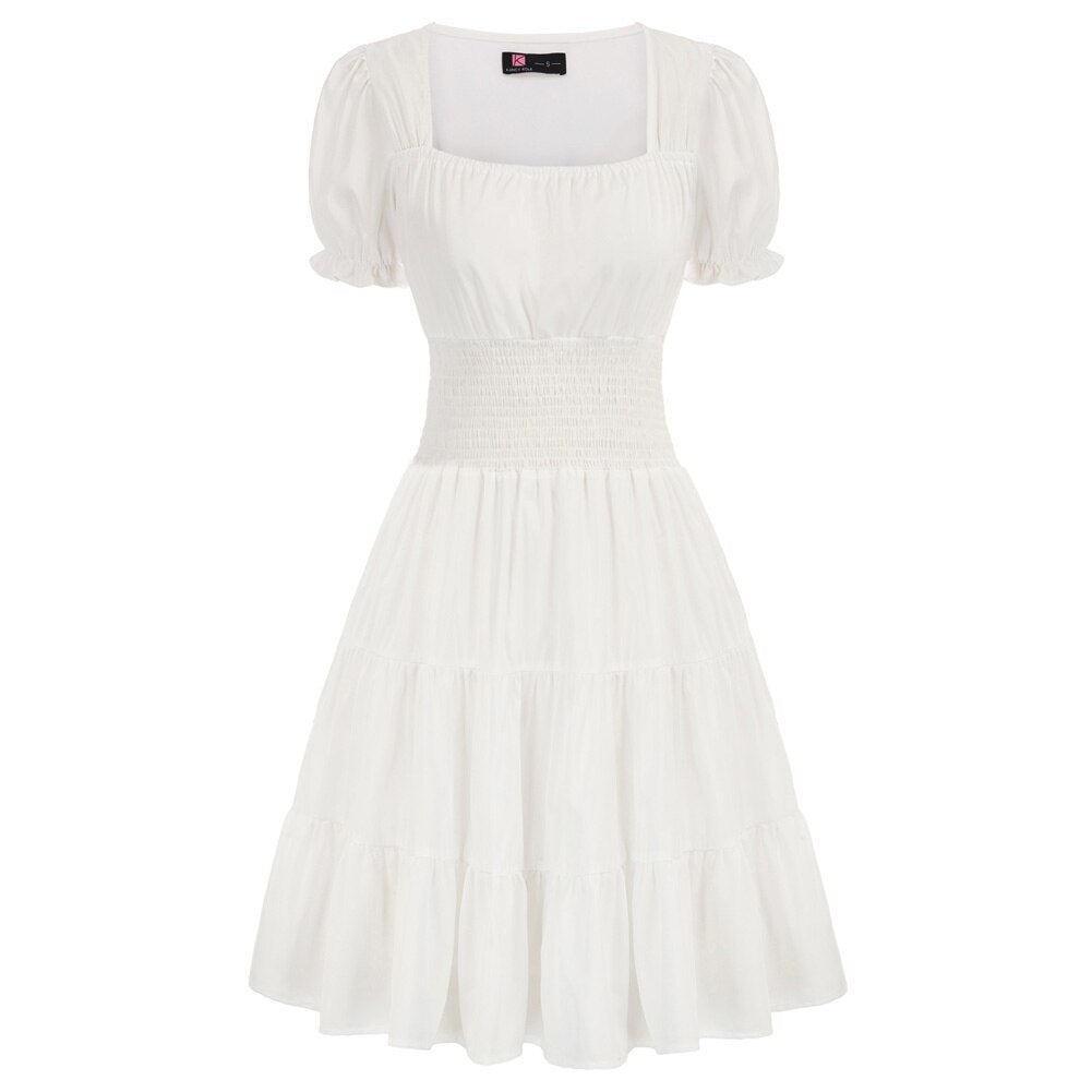 Summer Short Dresses Women Cake Dress Smocked Waist Short Sleeve Square Neck A-Line Solid Color Fashion Slim Waist Clothes New