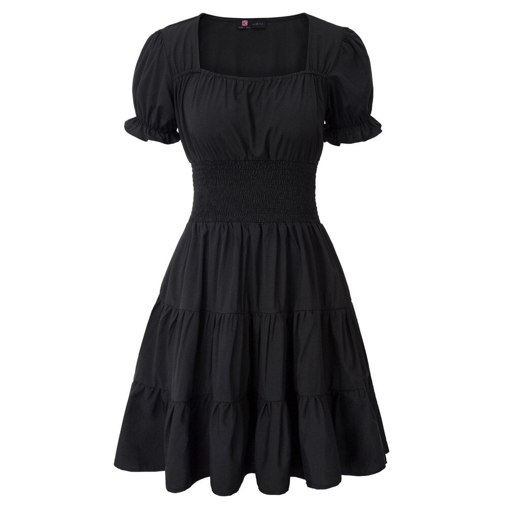 Summer Short Dresses Women Cake Dress Smocked Waist Short Sleeve Square Neck A-Line Solid Color Fashion Slim Waist Clothes New